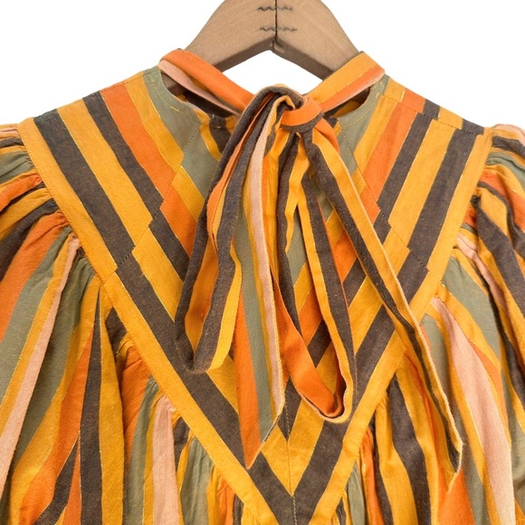 Ulla Johnson | Yellow and Orange Striped Tiered Short Puff Sleeve Dress Size 8 - Picture 6 of 11
